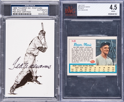 1962-1989 MLB Stars Collectibles Pair (2 Items) – Including 1962 Post Roger Maris Ad Back and 1989 Ted Williams Signed Card